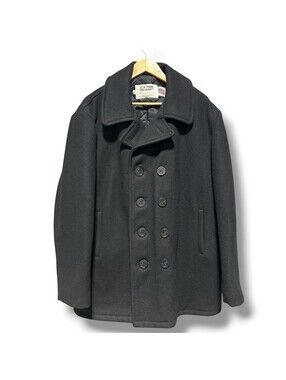 Schott 740N Pea Jacket Coat Men’s 48 Black Melton Wool Double Breasted US Navy